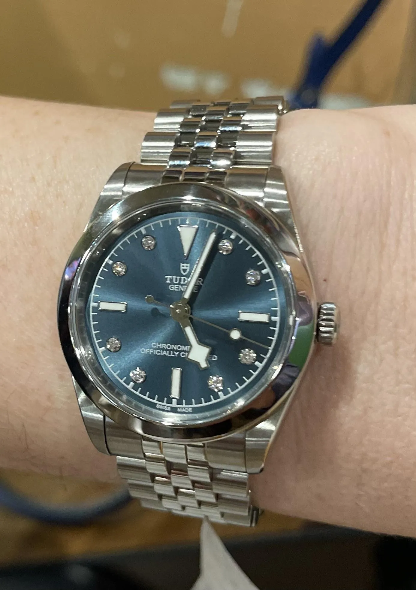 Tudor Black Bay 32 blue diamond-dial on jubilee bracelet worn on wrist