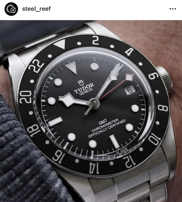 Tudor Black Bay GMT black dial, black-red bezel, GMT hand, on wrist