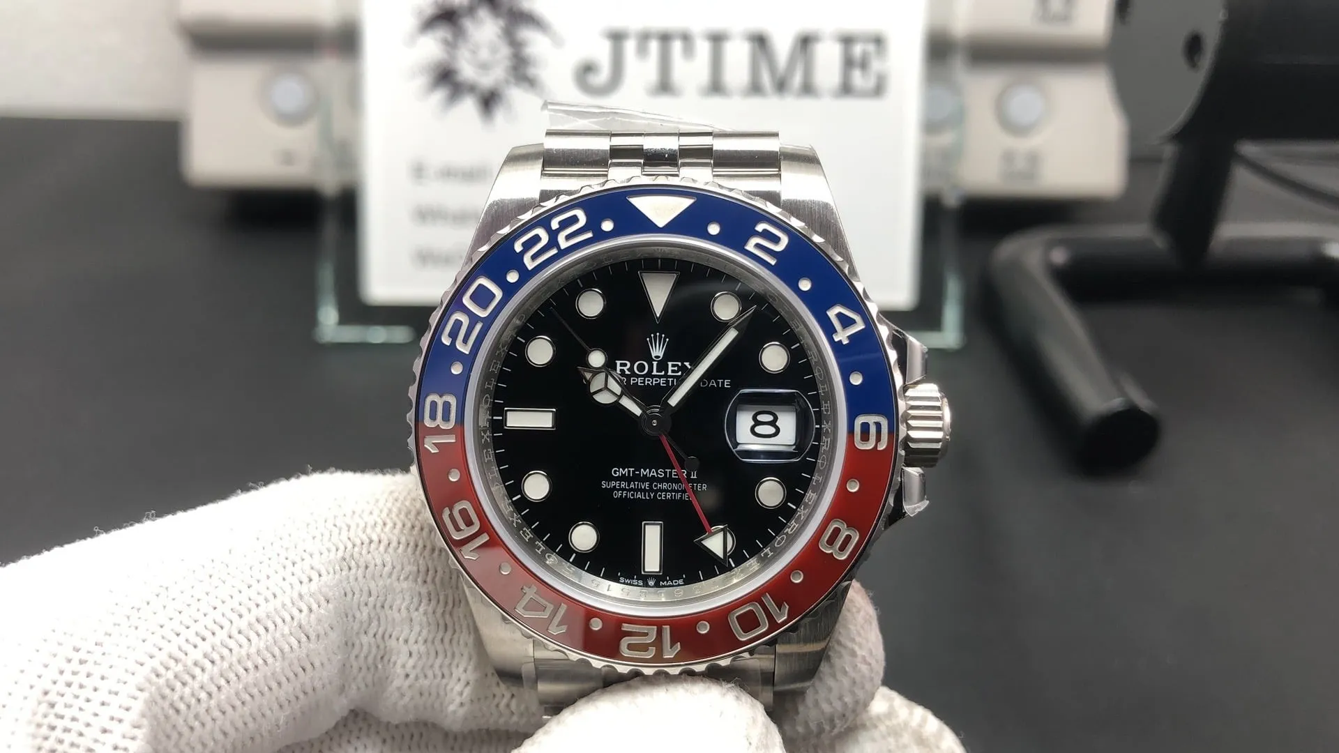 Rolex GMT-Master II Pepsi 126710BLRO, black dial, Jubilee bracelet, three-quarter hero shot
