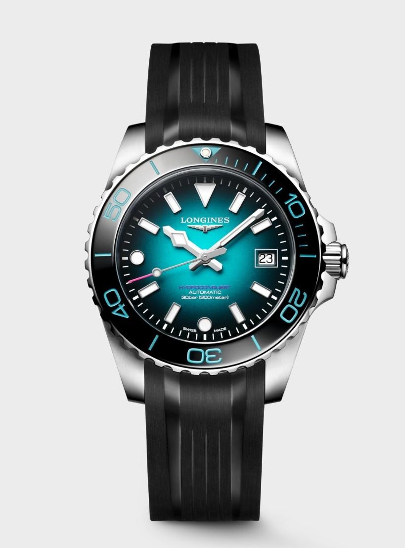 Longines HydroConquest teal gradient dial, black ceramic bezel, rubber strap, studio shot