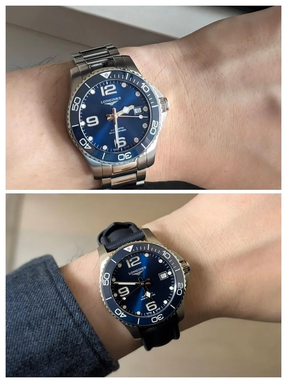 Two wrist shots of Longines HydroConquest blue dial, bracelet and NATO strap