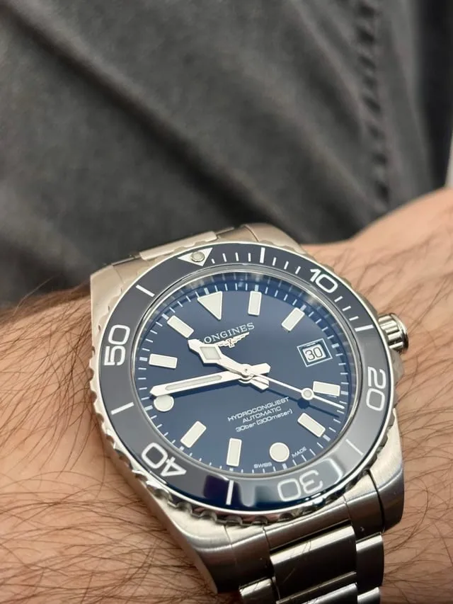 Longines HydroConquest 39mm blue dial wrist shot, blue ceramic bezel