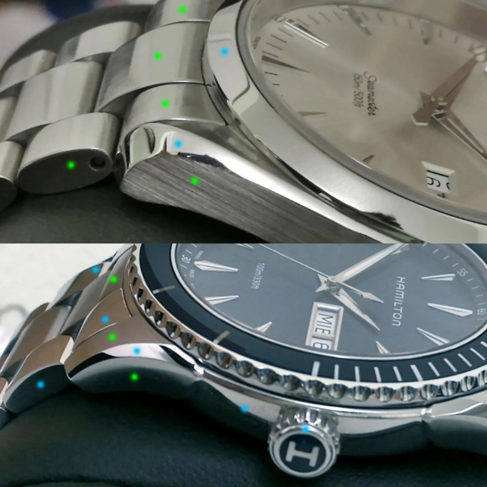 Macro split shot of Omega and Hamilton case lugs showing brushed and polished surface transitions.